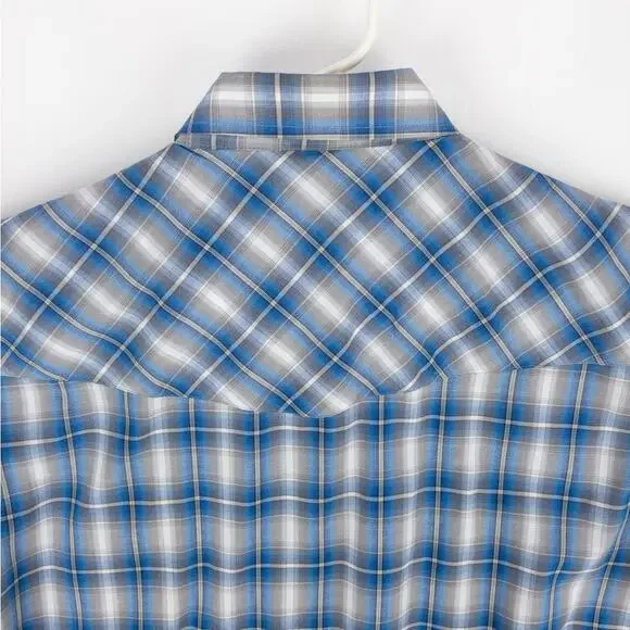 Plains Western Shirt Men's Large Short Sleeve Pearl Snaps Plaid White Blue - Picture 8 of 9